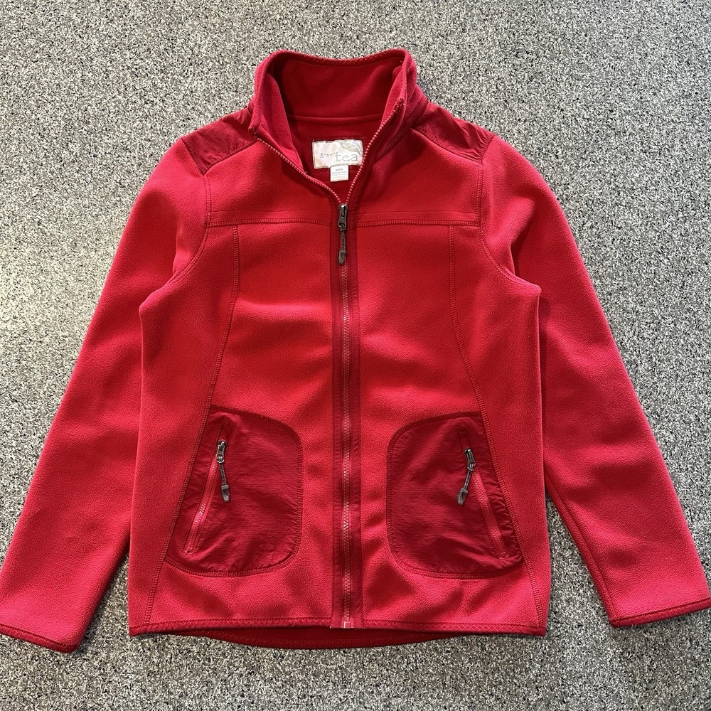 Green Tea Fleece Jacket Womens M Red Full Zip Coat Elbow Patch